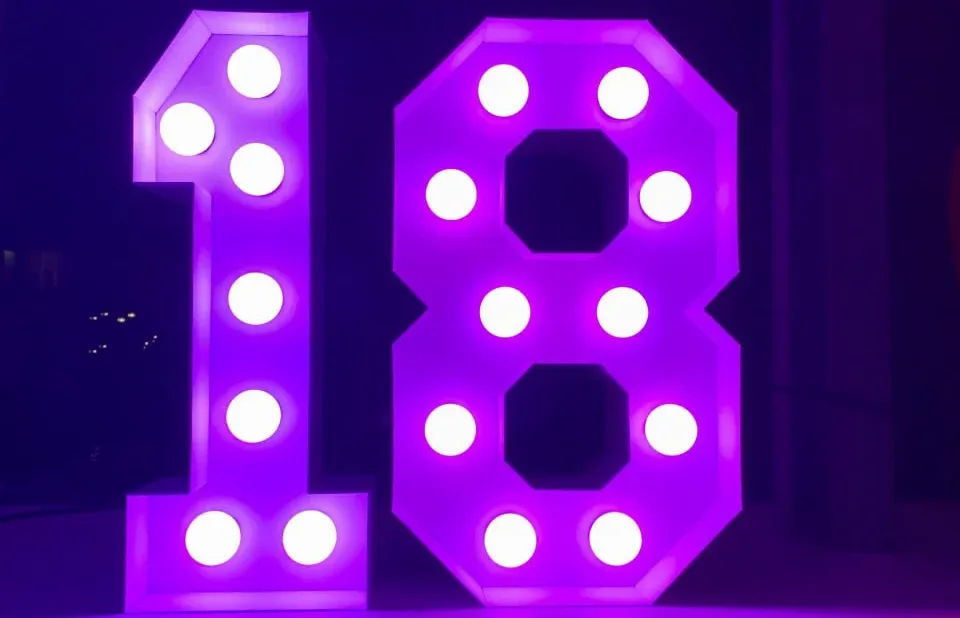Lichtcijfers voor een 18e verjaardag in het paars