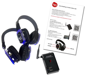 Silent disco set materialen inclusief koptelefoons, zender en handleiding